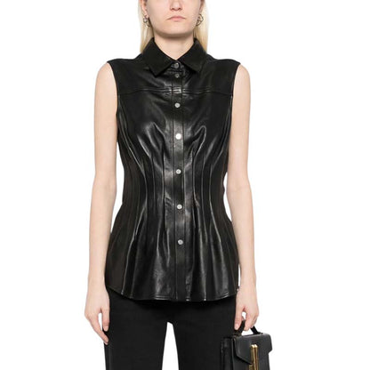 Women's Black Lambskin Leather Shirt With Sleeveless Dart Design