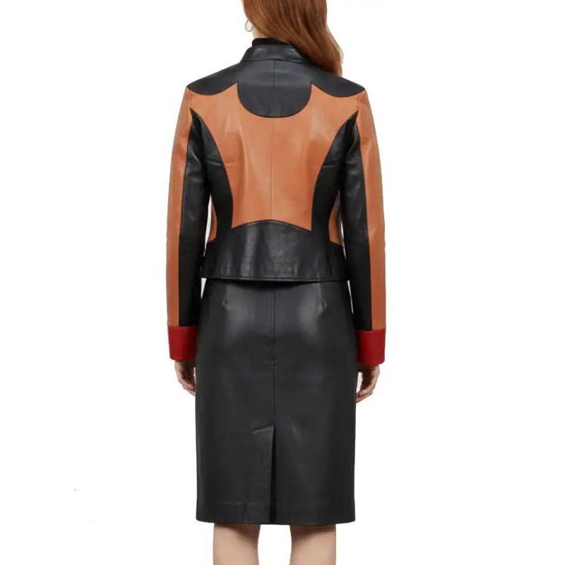 Women's Two Tone Genuine Leather Skirt Set with Zip Front Jacket
