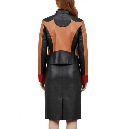 Women's Two Tone Genuine Leather Skirt Set with Zip Front Jacket