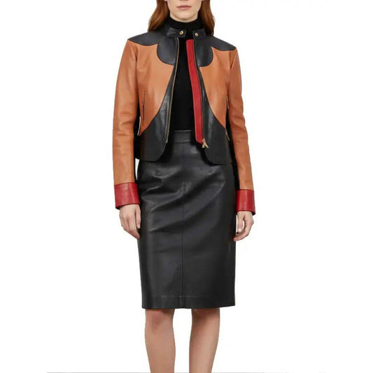 Women's Two Tone Genuine Leather Skirt Set with Zip Front Jacket