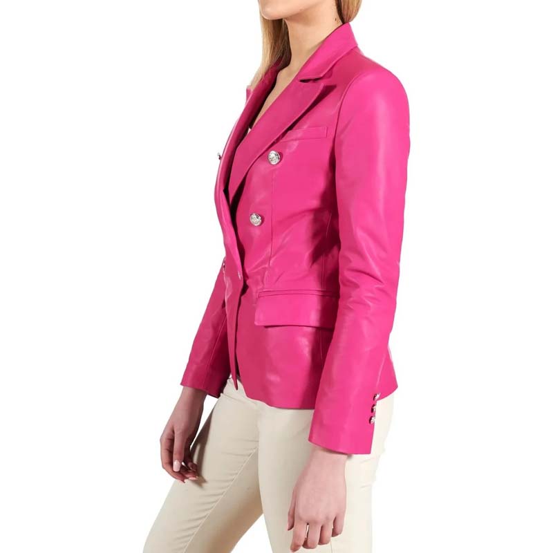 Women's Pink Sheepskin Leather Trench Coat with Double Breasted Design