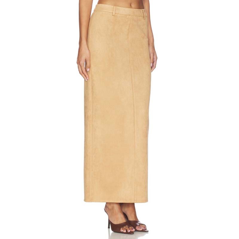 Women's Tan Real Suede Long Skirt With Elegant Paneled Design