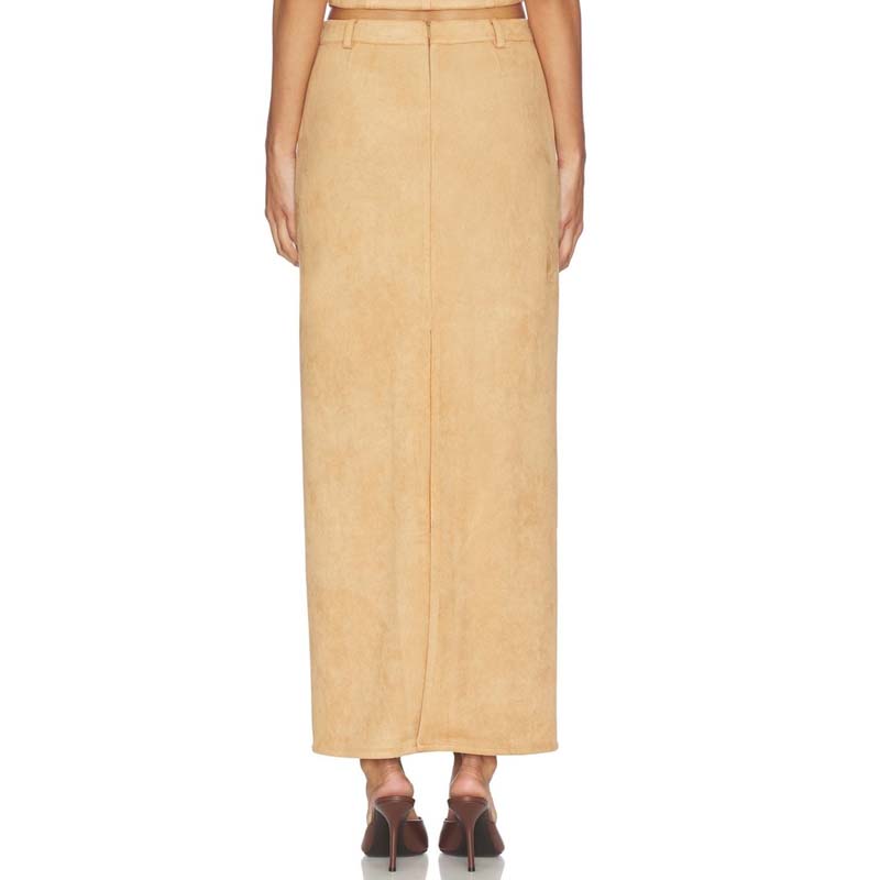 Women's Tan Real Suede Long Skirt With Elegant Paneled Design