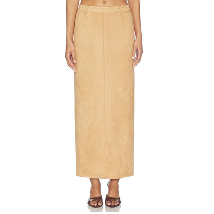Women's Tan Real Suede Long Skirt With Elegant Paneled Design