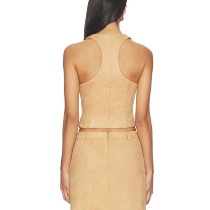 Women's Real Suede Cropped Vest With V Neck Classic Style