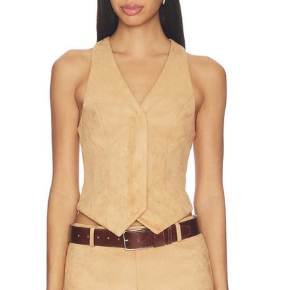 Women's Real Suede Cropped Vest With V Neck Classic Style