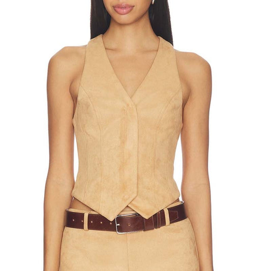 Women's Real Suede Cropped Vest With V Neck Classic Style