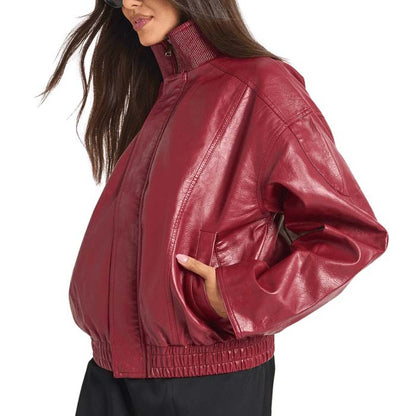 Women's Red Lambskin Leather Bomber Jacket with Funnel Neck