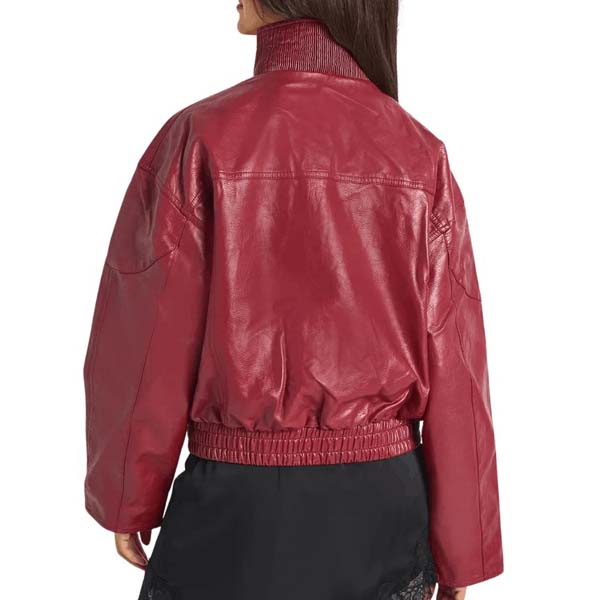Women's Red Lambskin Leather Bomber Jacket with Funnel Neck