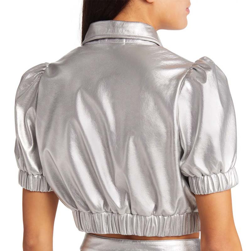 Women's Silver Metallic Lambskin Leather Top With Cropped Collared Style