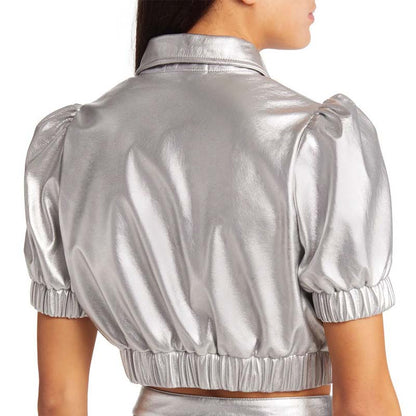 Women's Silver Metallic Lambskin Leather Top With Cropped Collared Style