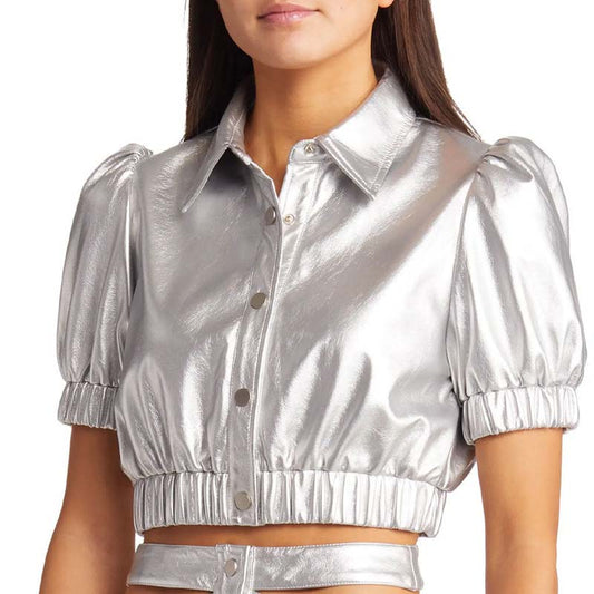 Women's Silver Metallic Lambskin Leather Top With Cropped Collared Style