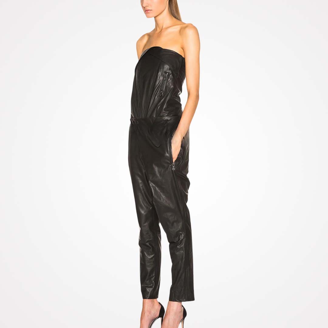 womens strapless black leather jumpsuit
