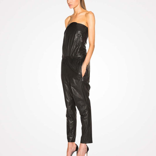 womens strapless black leather jumpsuit