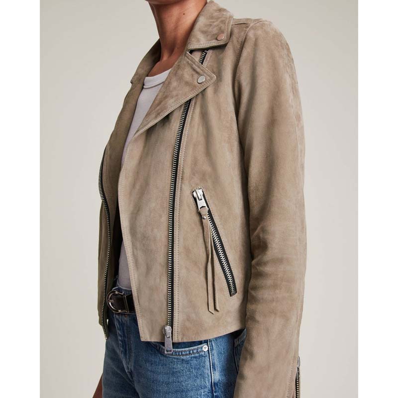 Women's Tan Beige Goatskin Suede Leather Biker Jacket with Snap Collar