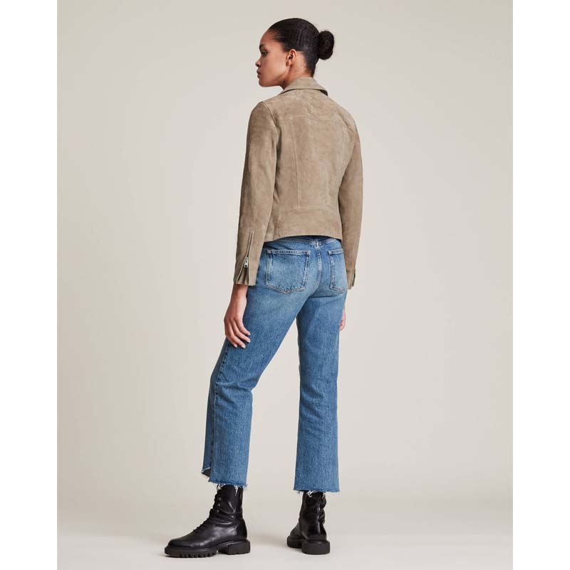 Women's Tan Beige Goatskin Suede Leather Biker Jacket with Snap Collar