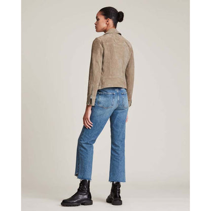 Women's Tan Beige Goatskin Suede Leather Biker Jacket with Snap Collar