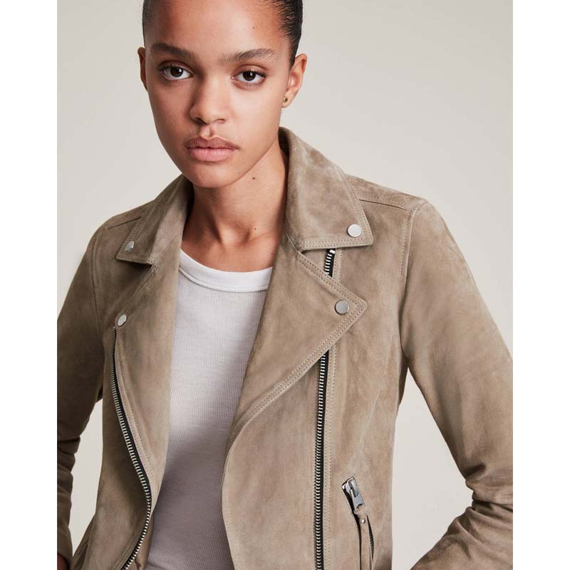 Women's Tan Beige Goatskin Suede Leather Biker Jacket with Snap Collar