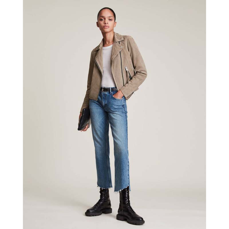Women's Tan Beige Goatskin Suede Leather Biker Jacket with Snap Collar