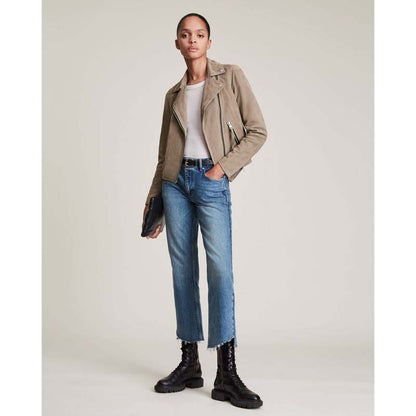 Women's Tan Beige Goatskin Suede Leather Biker Jacket with Snap Collar