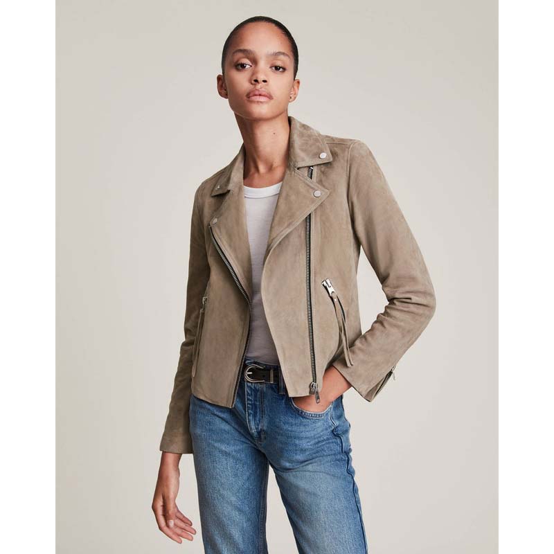 Women's Tan Beige Goatskin Suede Leather Biker Jacket with Snap Collar