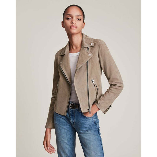 Women's Tan Beige Goatskin Suede Leather Biker Jacket with Snap Collar