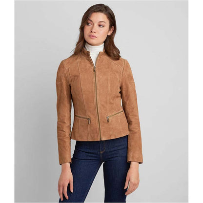 Women's Tan Brown Goatskin Suede Leather Biker Jacket with Band Collar