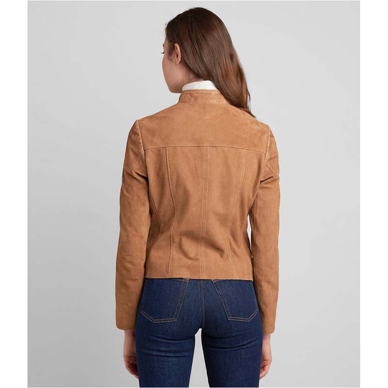 Women's Tan Brown Goatskin Suede Leather Biker Jacket with Band Collar
