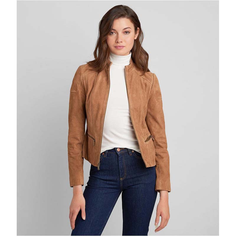 Women's Tan Brown Goatskin Suede Leather Biker Jacket with Band Collar
