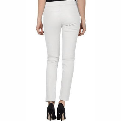 Women's White Genuine Leather Pant with High Waist Slim Fit