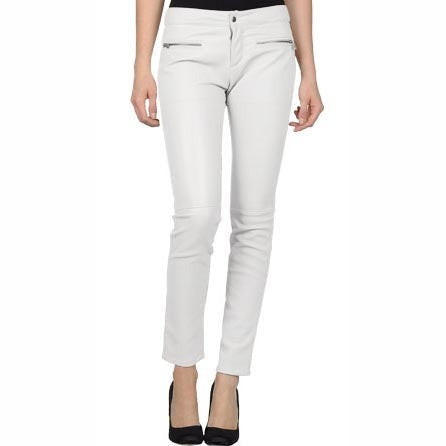 Women's White Genuine Leather Pant with High Waist Slim Fit